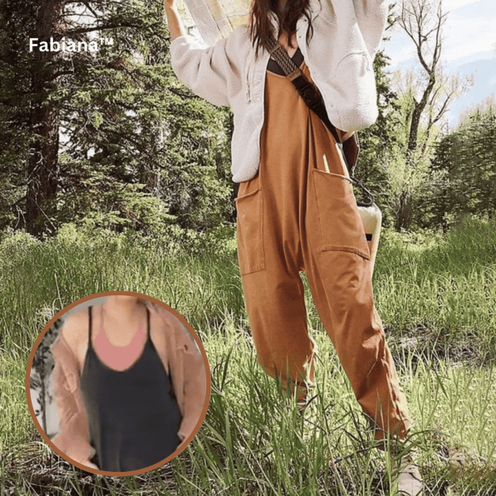 Damen Jumpsuit ärmellos aus Baumwollmix | U-Ausschnitt &amp; rückenfrei | Weites Bein, Taschen, Pull-On | Bequem &amp; luftig