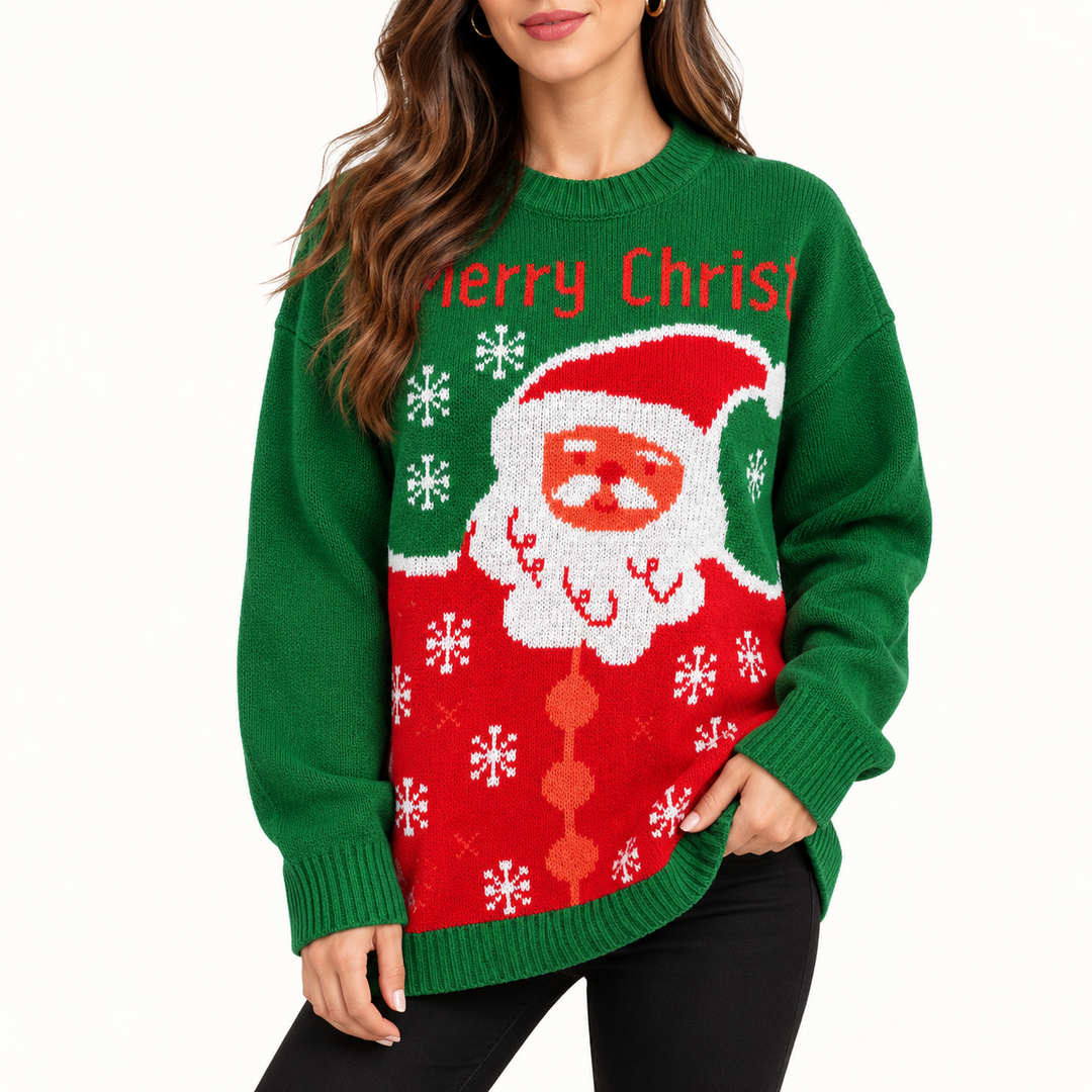 Damen Weihnachtspullover mit Weihnachtsmann | Festlicher Strickpullover mit Schneeflockenmuster, Rundhalsausschnitt und langen Ärmeln