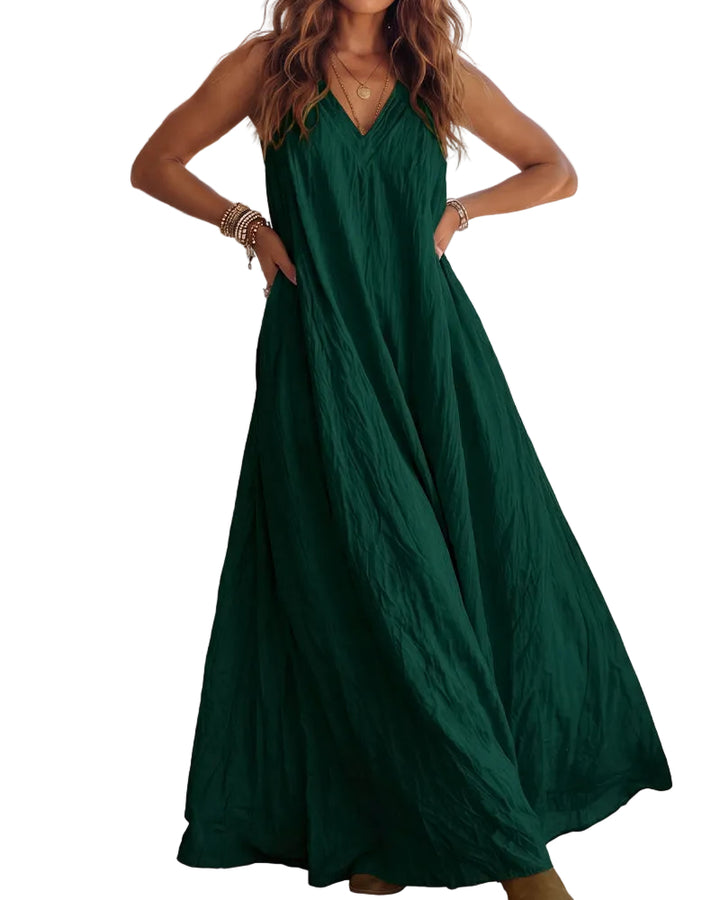 Damen Boho Maxikleid mit Halterneck &amp; V-Ausschnitt | Fließendes Sommerkleid | Luftiger Freizeit- und Urlaubslook