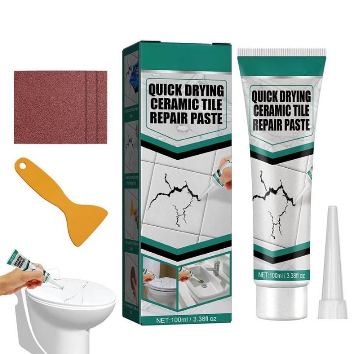 Pasta riparatrice per piastrelle 100 ml per ceramica e porcellana | Riparazione senza fughe in 10 minuti | Include spatola e carta abrasiva