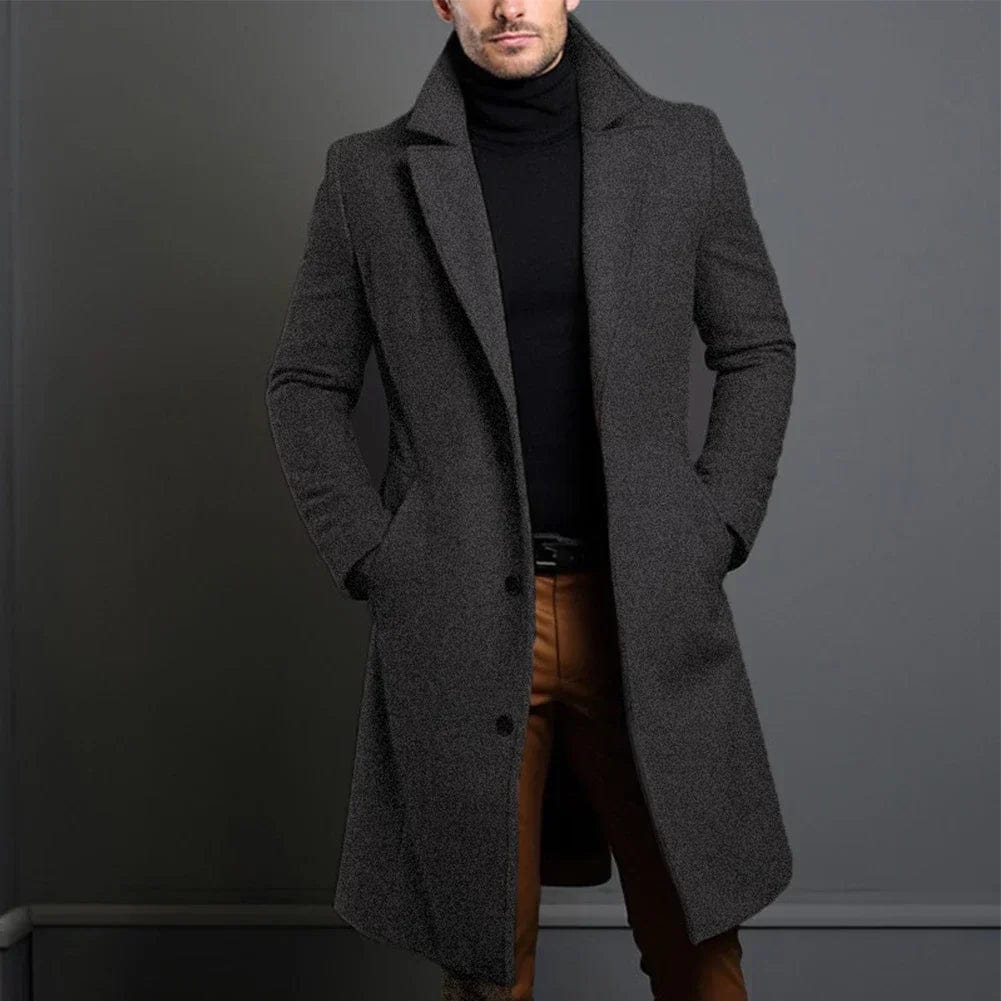 Herren Wollmantel lang in Dunkelgrau | Warmer Wintermantel aus Wollmischung mit Regular Fit, tiefen Taschen und winddichtem Stoff