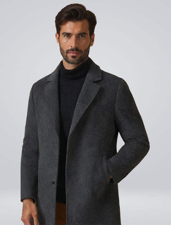 Herren Wollmantel lang in Dunkelgrau | Warmer Wintermantel aus Wollmischung mit Regular Fit, tiefen Taschen und winddichtem Stoff