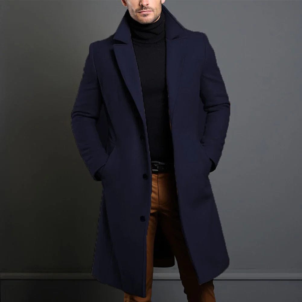 Herren Wollmantel lang in Dunkelgrau | Warmer Wintermantel aus Wollmischung mit Regular Fit, tiefen Taschen und winddichtem Stoff