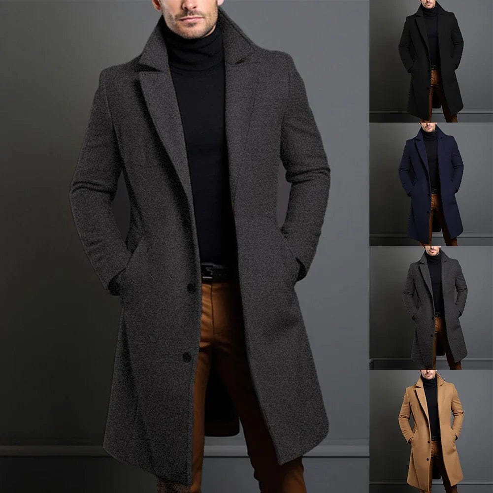 Herren Wollmantel lang in Dunkelgrau | Warmer Wintermantel aus Wollmischung mit Regular Fit, tiefen Taschen und winddichtem Stoff
