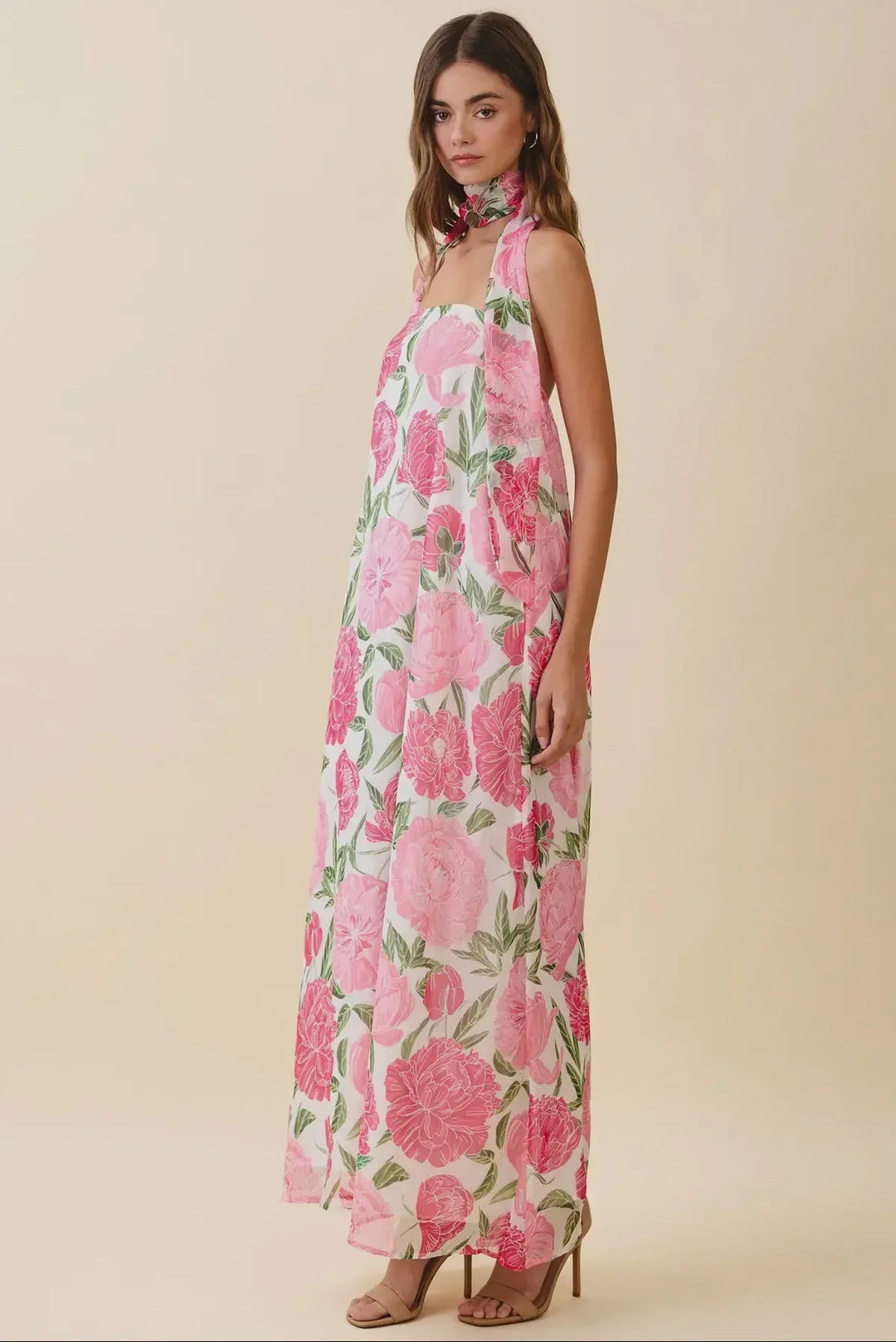 Rosé Garten-Schal MaxiDamen Maxi-Kleid mit Blumenmuster &amp; Neckholder | Luftiges Sommerkleid mit Schal-Detail | Fließende PassformKleid