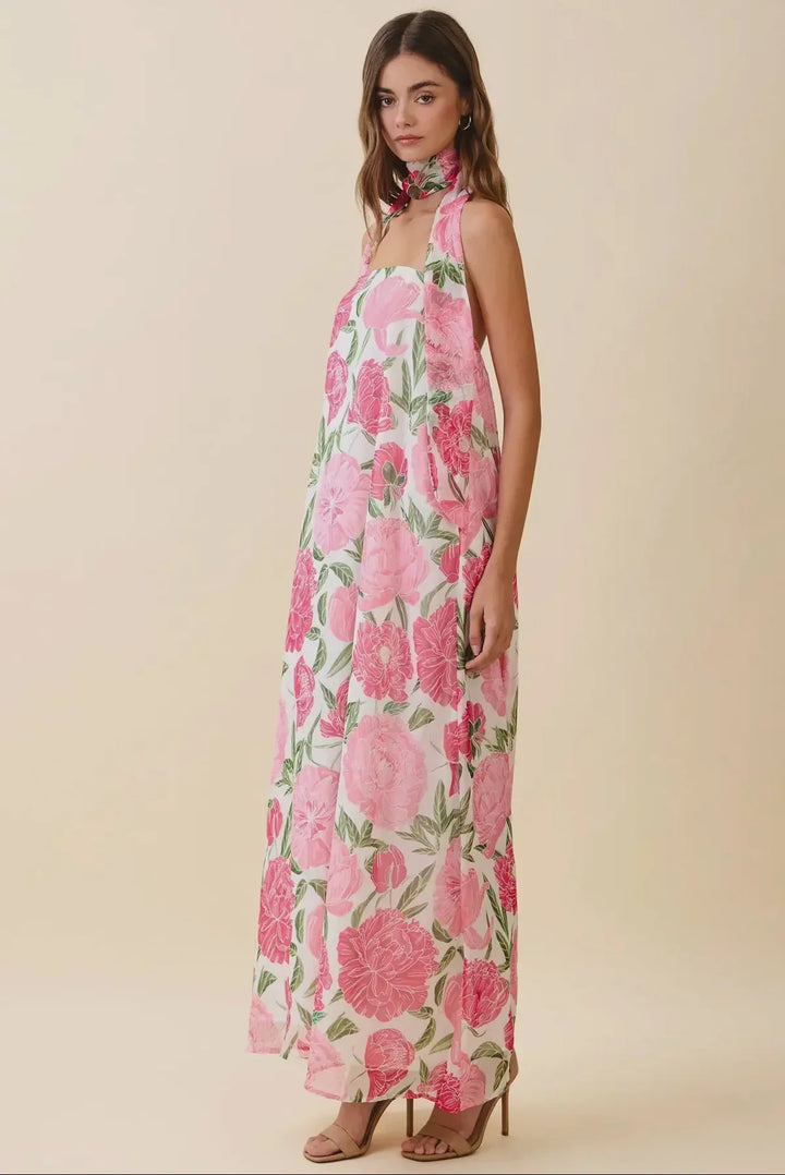Rosé Garten-Schal MaxiDamen Maxi-Kleid mit Blumenmuster &amp; Neckholder | Luftiges Sommerkleid mit Schal-Detail | Fließende PassformKleid