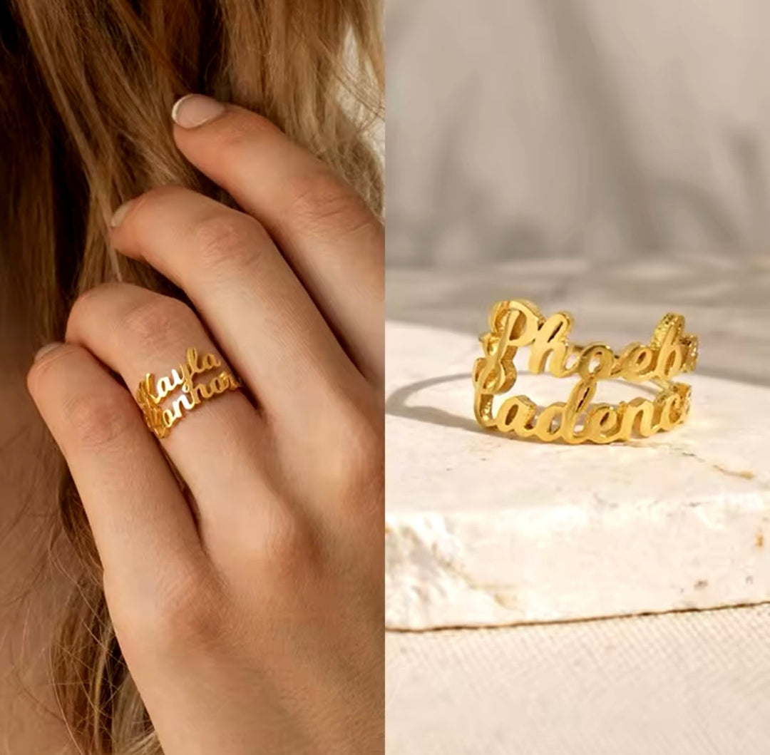 Personalisierbarer Namensring mit 2 Namen | Edelstahl mit 18K-Vergoldung | Verstellbare Größe | Gold, Silber &amp; Roségold