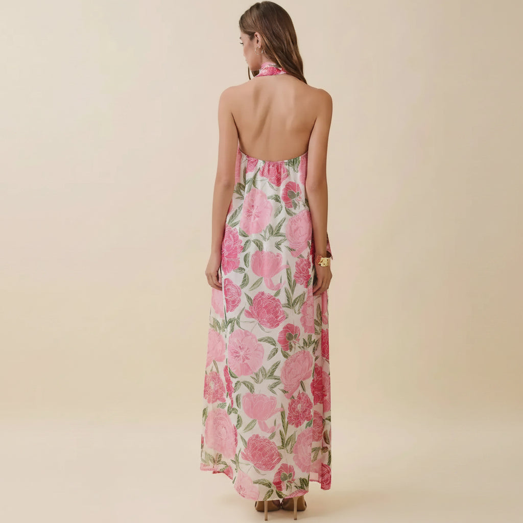 Rosé Garten-Schal MaxiDamen Maxi-Kleid mit Blumenmuster &amp; Neckholder | Luftiges Sommerkleid mit Schal-Detail | Fließende PassformKleid