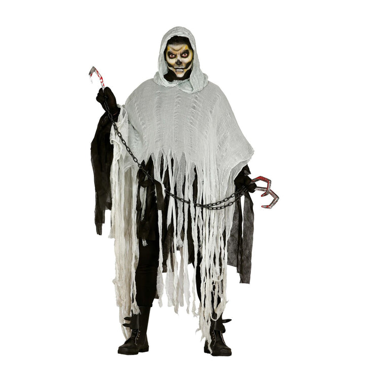 Herren Zombie Umhang Grau | Zerrissener Halloween Kapuzenponcho mit langen Stofffetzen für Horrorparty und Geisterkostüm