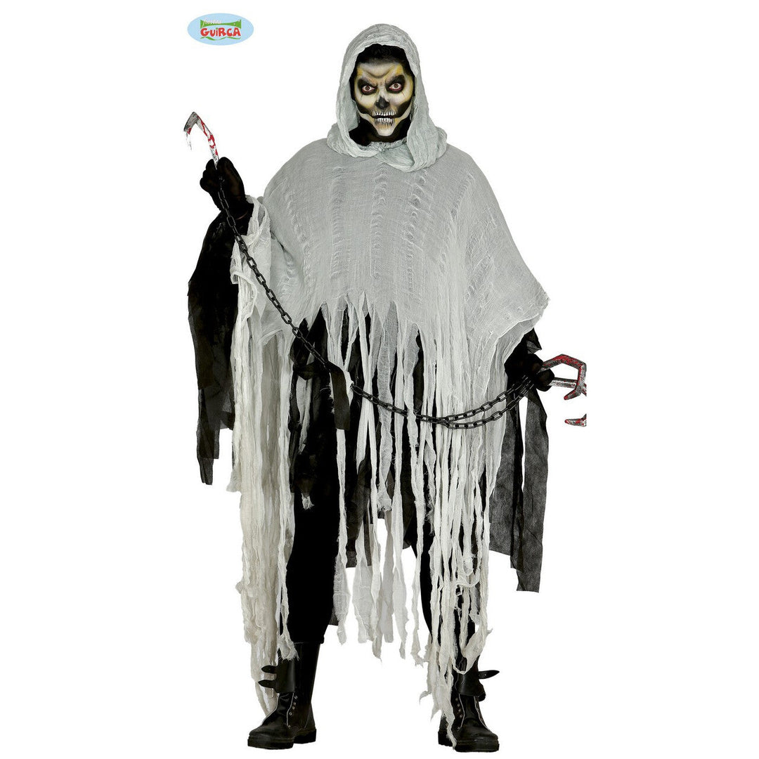 Herren Zombie Umhang Grau | Zerrissener Halloween Kapuzenponcho mit langen Stofffetzen für Horrorparty und Geisterkostüm