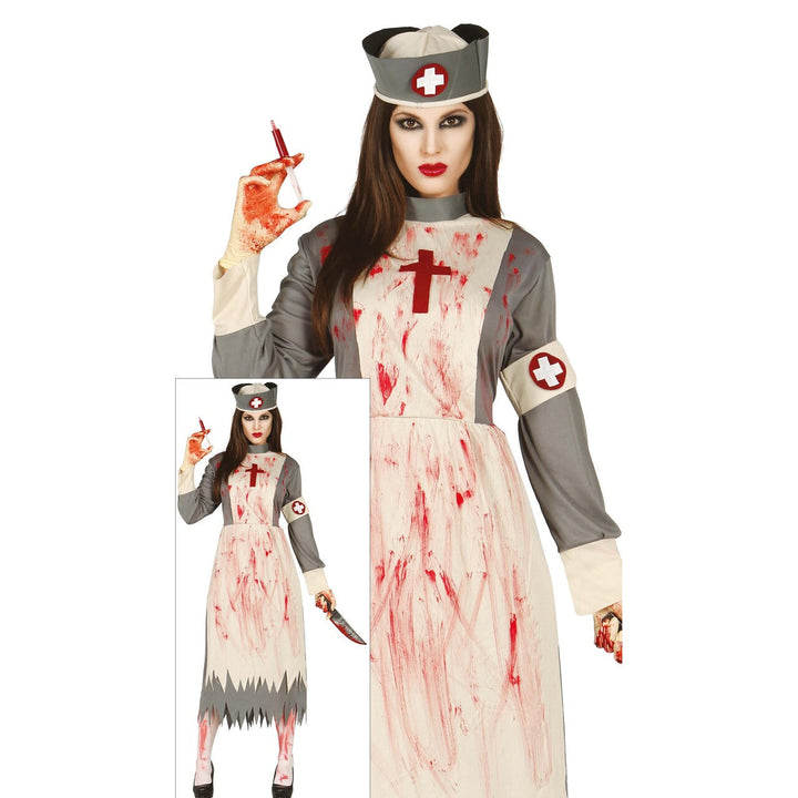 Damen Krankenschwester Kostüm Grau Weiß | Blutiges Halloween Kostüm mit Kleid und Haube für Horrorparty und Mottoparty