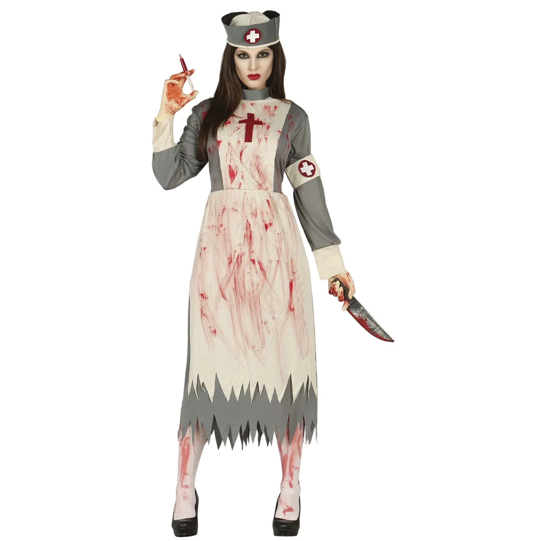 Damen Krankenschwester Kostüm Grau Weiß | Blutiges Halloween Kostüm mit Kleid und Haube für Horrorparty und Mottoparty