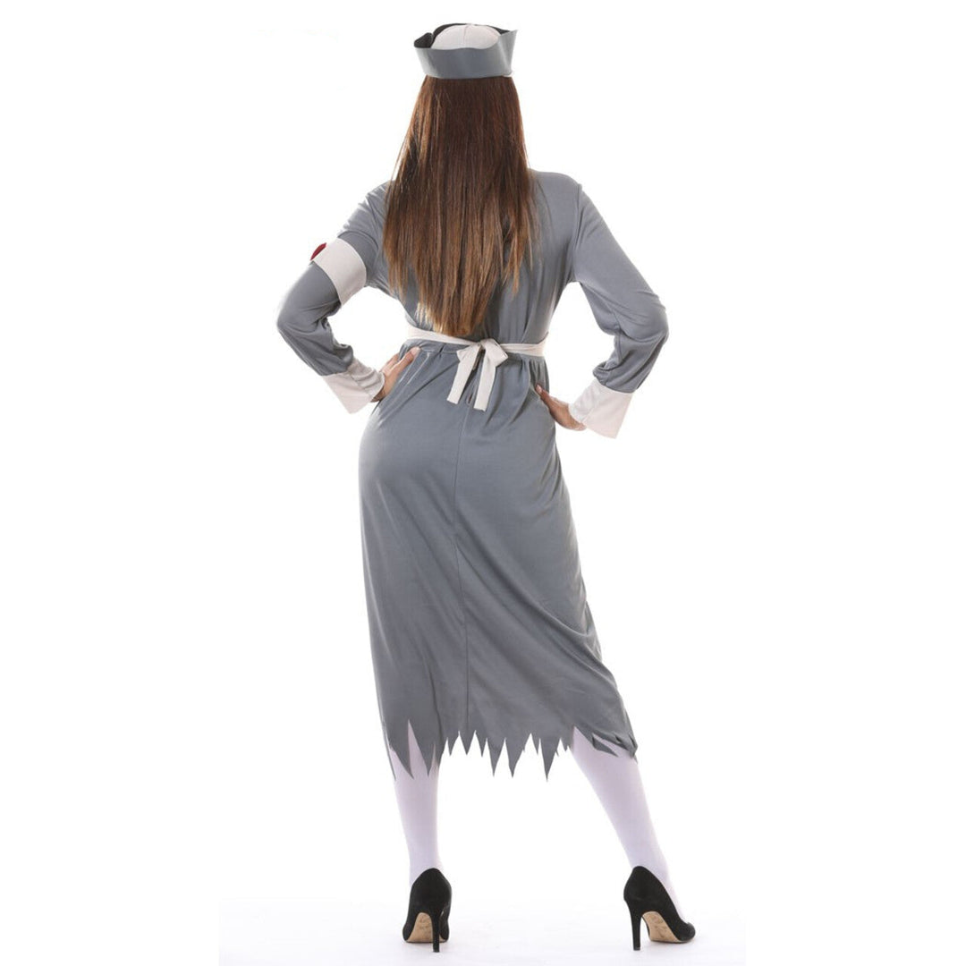 Damen Krankenschwester Kostüm Grau Weiß | Blutiges Halloween Kostüm mit Kleid und Haube für Horrorparty und Mottoparty