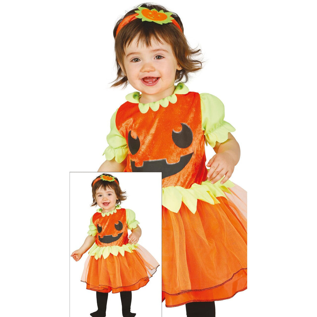 Mädchen Kürbis Kostüm Orange Grün | Halloween Kürbisprinzessin Kleid mit Kürbisgesicht und passendem Haarreif für Kinder