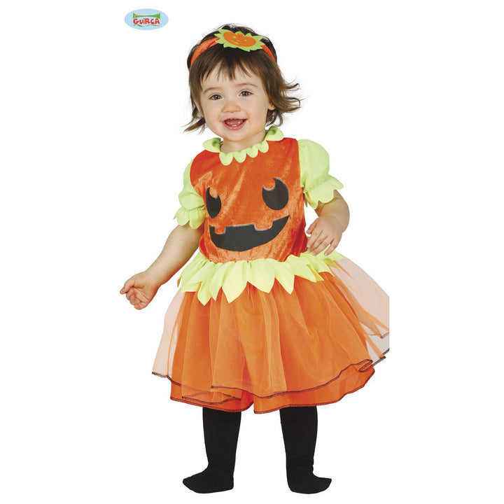 Mädchen Kürbis Kostüm Orange Grün | Halloween Kürbisprinzessin Kleid mit Kürbisgesicht und passendem Haarreif für Kinder
