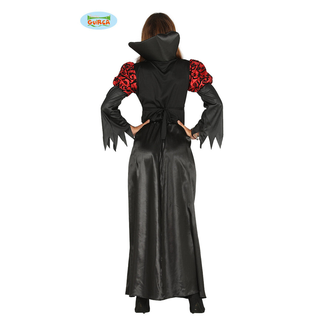 Damen Vampir Kostüm Rot Schwarz | Bodenlanges Halloween Kleid mit Stehkragen, Barock-Optik und ausgestellten Ärmeln