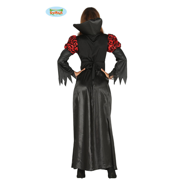 Damen Vampir Kostüm Rot Schwarz | Bodenlanges Halloween Kleid mit Stehkragen, Barock-Optik und ausgestellten Ärmeln
