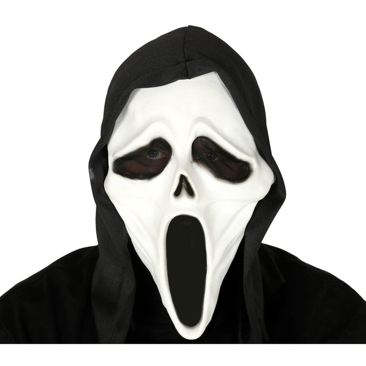 Ghostface Maske Schwarz Weiß | Scream Halloween Maske aus Vinyl mit schwarzer Kapuze für Horrorparty, Karneval und Kostüm