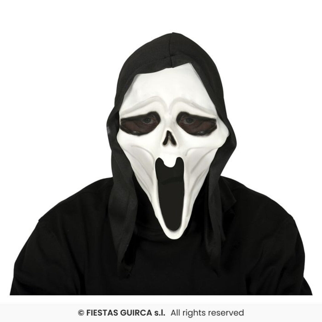 Ghostface Maske Schwarz Weiß | Scream Halloween Maske aus Vinyl mit schwarzer Kapuze für Horrorparty, Karneval und Kostüm