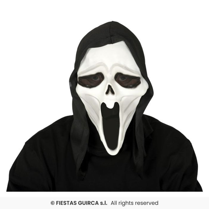 Ghostface Maske Schwarz Weiß | Scream Halloween Maske aus Vinyl mit schwarzer Kapuze für Horrorparty, Karneval und Kostüm