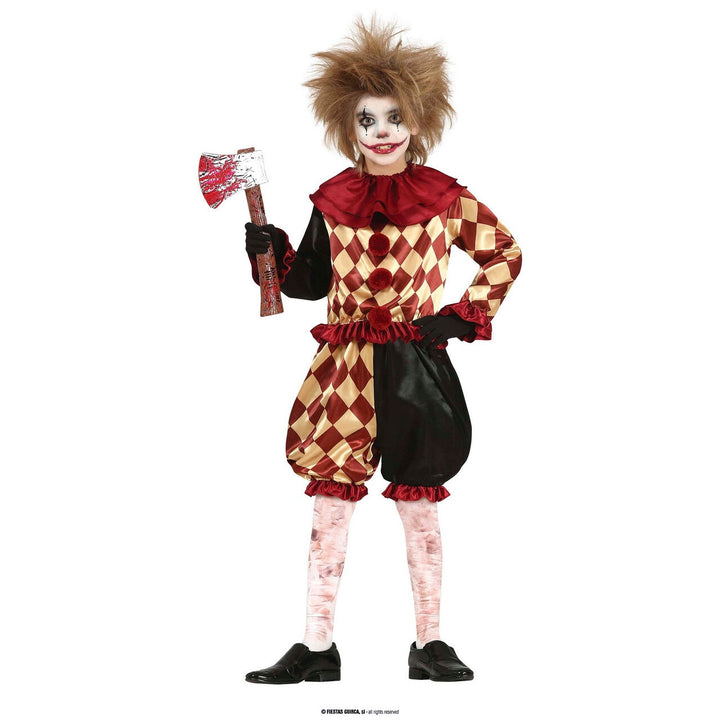 Kinder Clown Kostüm Rot Gold | Gruseliges Halloween Kostüm mit Harlekin-Shirt, Puffhose und großem Clownkragen