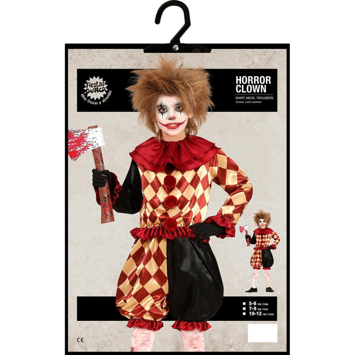 Kinder Clown Kostüm Rot Gold | Gruseliges Halloween Kostüm mit Harlekin-Shirt, Puffhose und großem Clownkragen