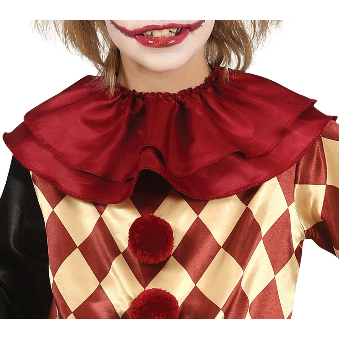 Kinder Clown Kostüm Rot Gold | Gruseliges Halloween Kostüm mit Harlekin-Shirt, Puffhose und großem Clownkragen
