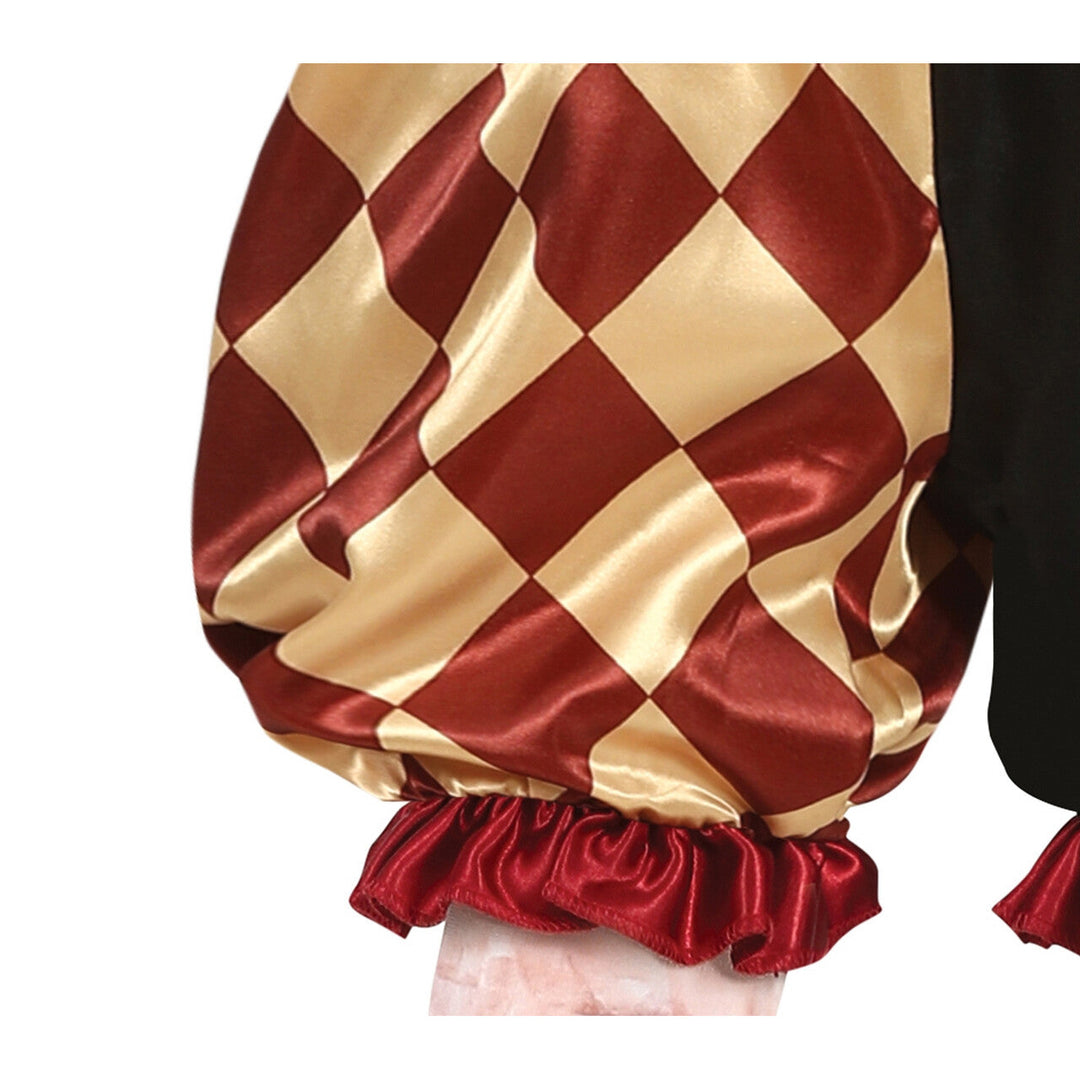 Kinder Clown Kostüm Rot Gold | Gruseliges Halloween Kostüm mit Harlekin-Shirt, Puffhose und großem Clownkragen