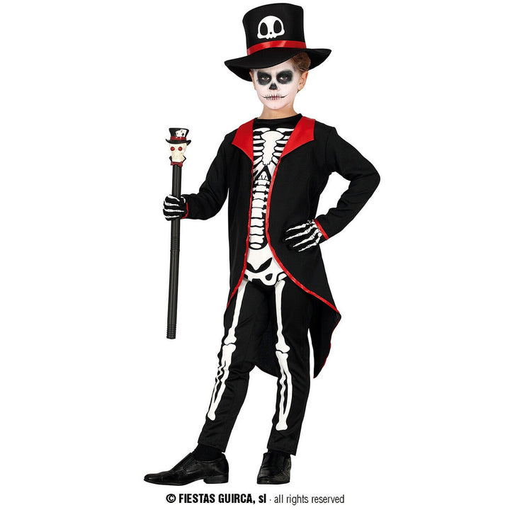 Jungen Skelett Kostüm Schwarz Rot | Elegantes Halloween Kostüm mit Knochen-Print, Frack und Zylinder für Mottoparty
