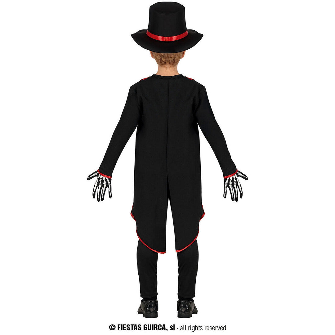 Jungen Skelett Kostüm Schwarz Rot | Elegantes Halloween Kostüm mit Knochen-Print, Frack und Zylinder für Mottoparty