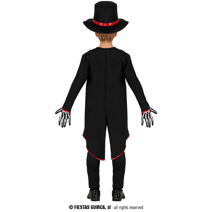 Jungen Skelett Kostüm Schwarz Rot | Elegantes Halloween Kostüm mit Knochen-Print, Frack und Zylinder für Mottoparty