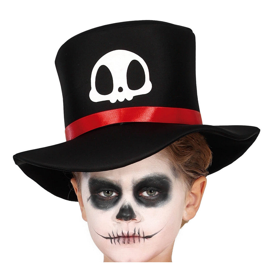 Jungen Skelett Kostüm Schwarz Rot | Elegantes Halloween Kostüm mit Knochen-Print, Frack und Zylinder für Mottoparty