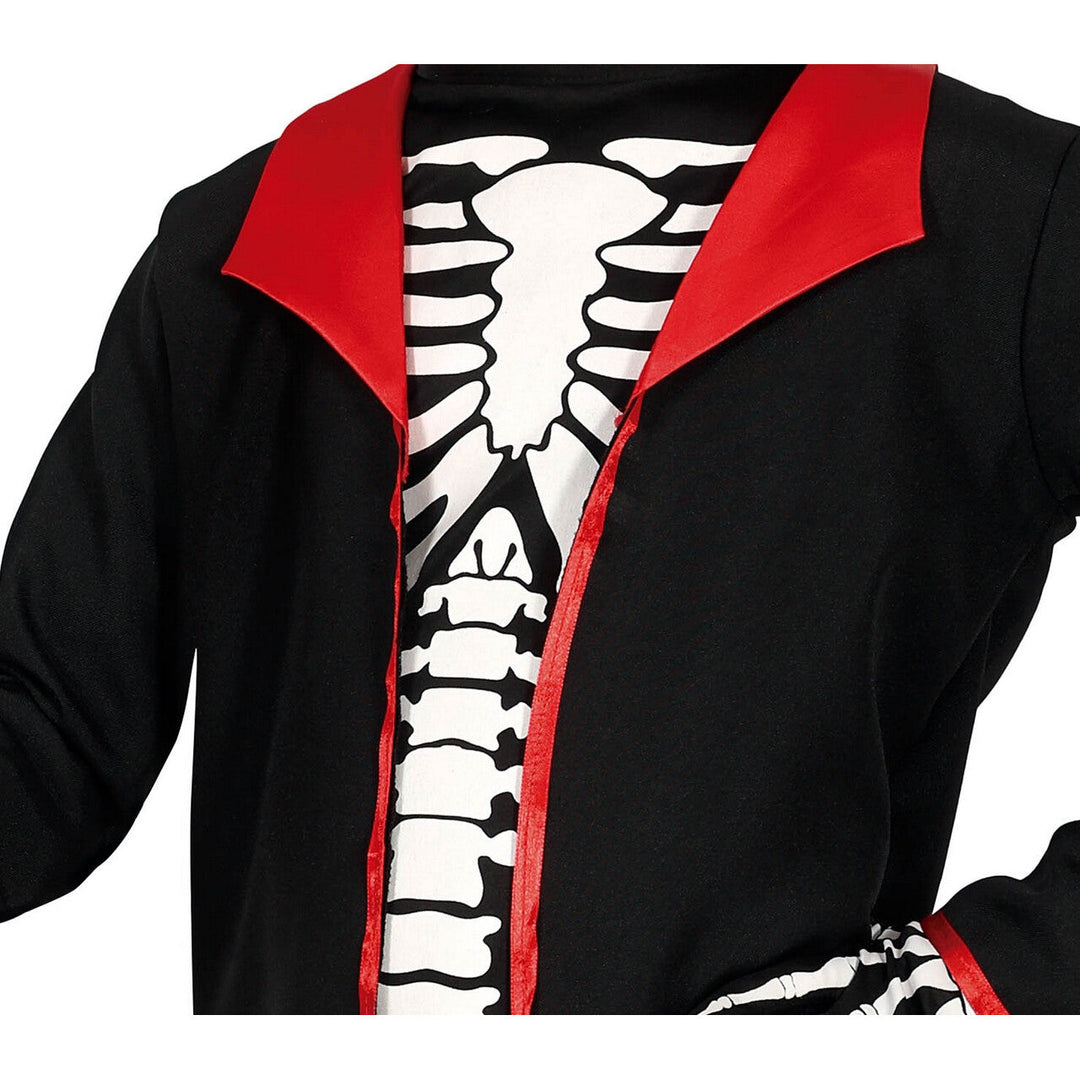 Jungen Skelett Kostüm Schwarz Rot | Elegantes Halloween Kostüm mit Knochen-Print, Frack und Zylinder für Mottoparty