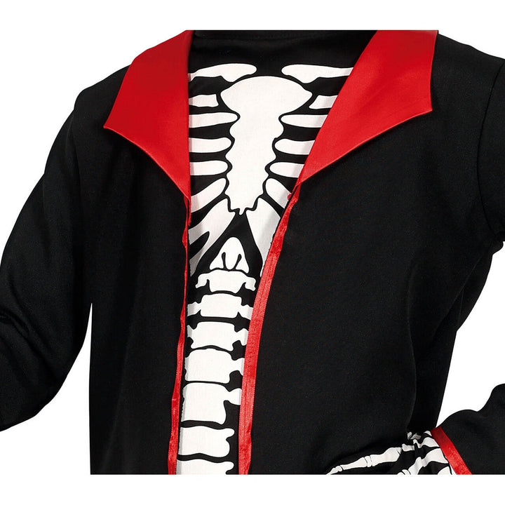 Jungen Skelett Kostüm Schwarz Rot | Elegantes Halloween Kostüm mit Knochen-Print, Frack und Zylinder für Mottoparty