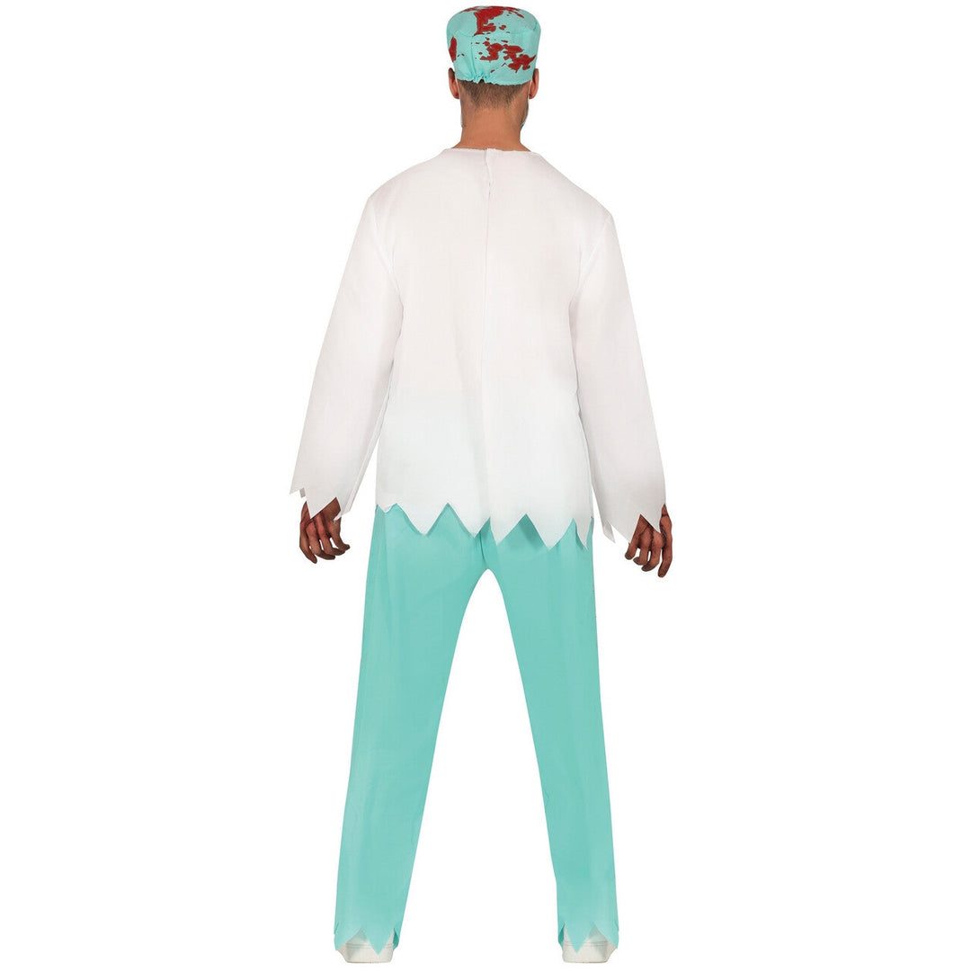 Herren Zombie Chirurg Kostüm Blau | Blutiges Halloween Kostüm mit Jacke, Skelett-Shirt, Hose, OP-Mütze und Maske