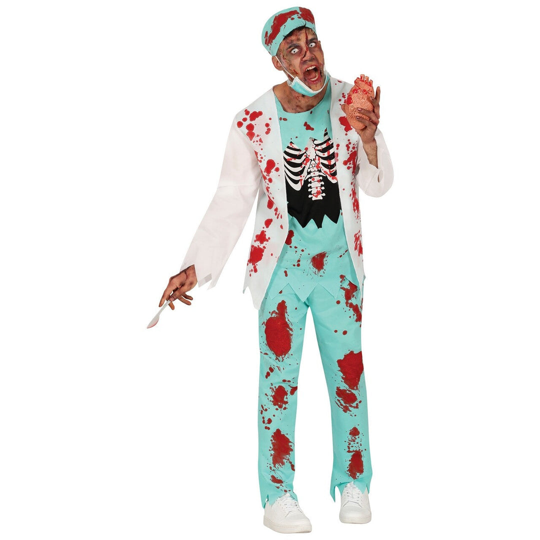 Herren Zombie Chirurg Kostüm Blau | Blutiges Halloween Kostüm mit Jacke, Skelett-Shirt, Hose, OP-Mütze und Maske