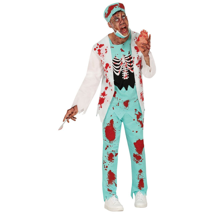 Herren Zombie Chirurg Kostüm Blau | Blutiges Halloween Kostüm mit Jacke, Skelett-Shirt, Hose, OP-Mütze und Maske