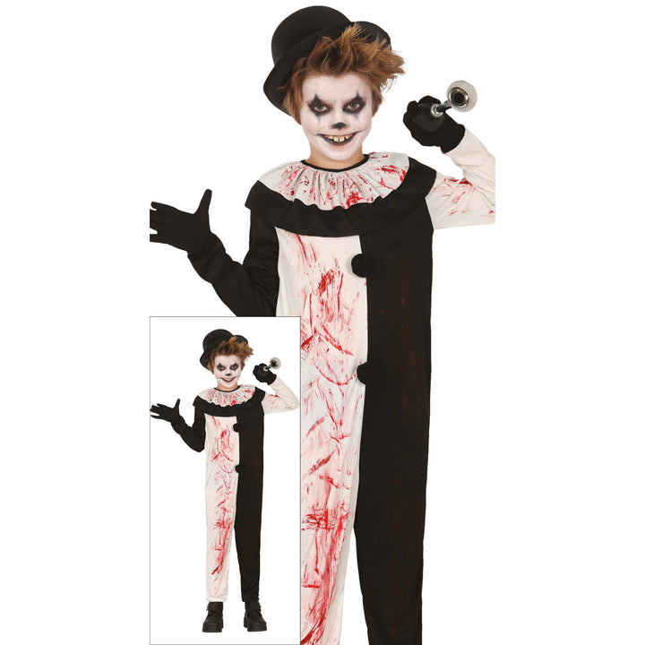 Jungen Horror Clown Kostüm Schwarz Weiß | Blutiges Halloween Harlekin Kostüm mit Overall, Rüschenkragen und Hut