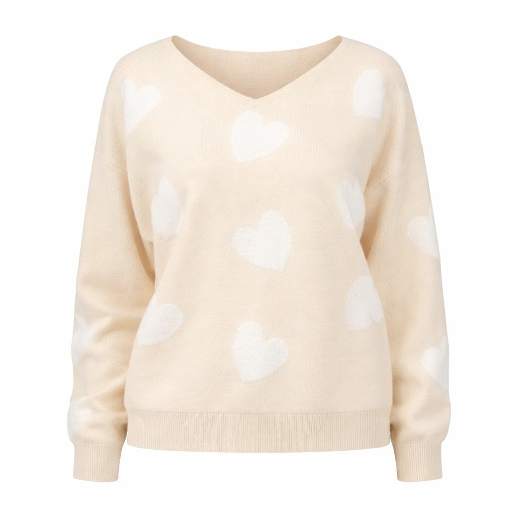 Damen Strickpullover mit Herzmuster | Weicher Pullover mit V-Ausschnitt, lockerer Passform und Rippbündchen für Alltag und Freizeit
