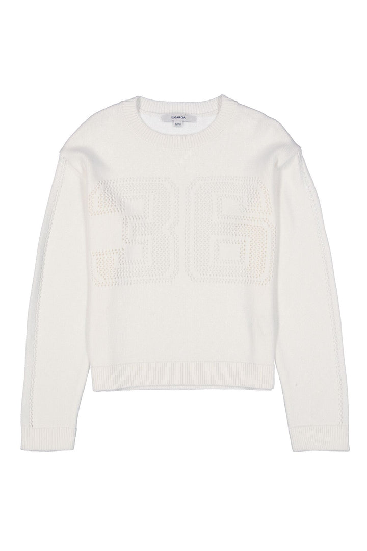 Mädchen Pullover Cremeweiß mit Ajourmuster | Locker geschnittener Strickpullover mit Rundhalsausschnitt und langen Ärmeln
