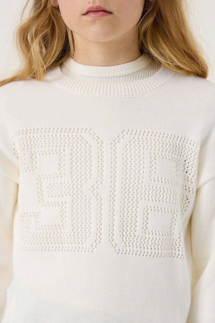 Mädchen Pullover Cremeweiß mit Ajourmuster | Locker geschnittener Strickpullover mit Rundhalsausschnitt und langen Ärmeln