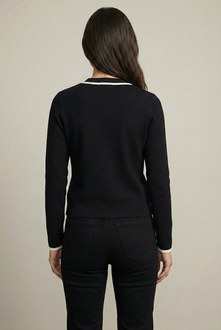Damen Feinstrick Cardigan mit Reißverschluss | Strickjacke mit V-Ausschnitt &amp; Kontrastbesatz | Elegante Übergangsjacke