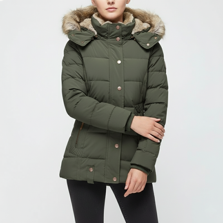 Damen Winterjacke mit Fellfutter | Gefütterte Langarm Jacke mit Kapuze, geradem Schnitt und praktischen Außentaschen