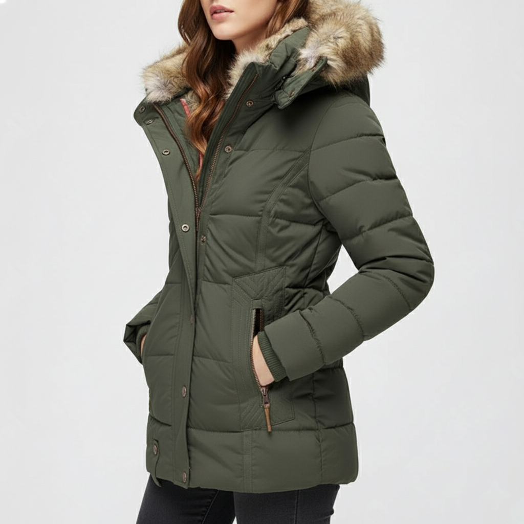 Damen Winterjacke mit Fellfutter | Gefütterte Langarm Jacke mit Kapuze, geradem Schnitt und praktischen Außentaschen