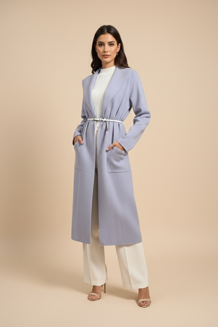 Damen Mantel mit Cape-Kragen | Langer Übergangsmantel mit offenen Front | Eleganter Longline-Mantel