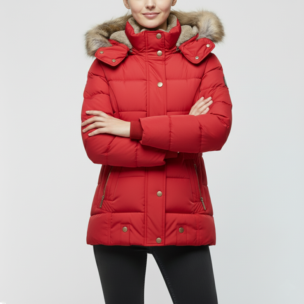 Damen Winterjacke mit Fellfutter | Gefütterte Langarm Jacke mit Kapuze, geradem Schnitt und praktischen Außentaschen