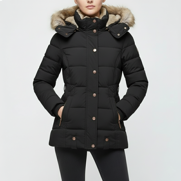Damen Winterjacke mit Fellfutter | Gefütterte Langarm Jacke mit Kapuze, geradem Schnitt und praktischen Außentaschen