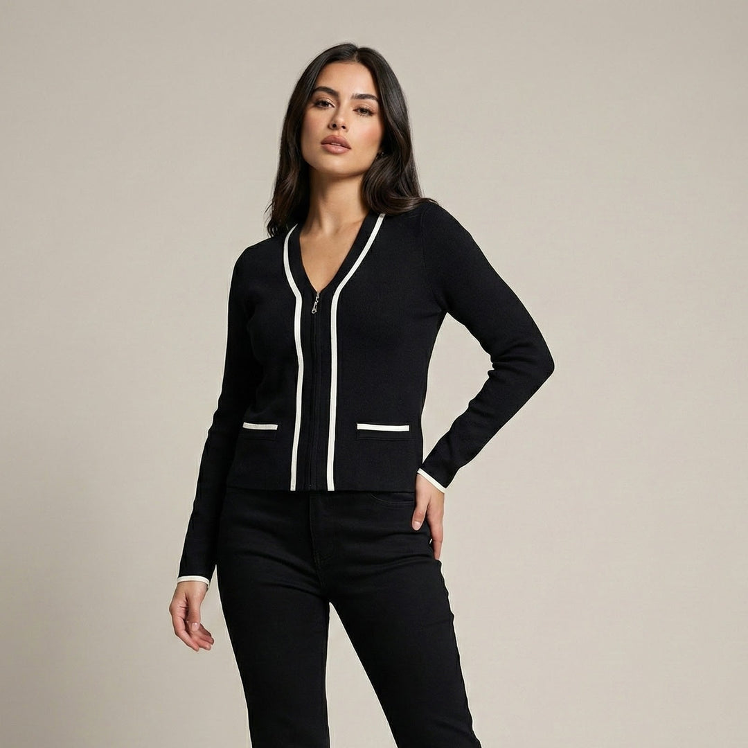 Damen Feinstrick Cardigan mit Reißverschluss | Strickjacke mit V-Ausschnitt &amp; Kontrastbesatz | Elegante Übergangsjacke