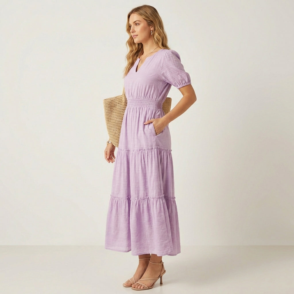 Maxi dress with smocked waist &amp; tiered ruffles | V-neck, butterfly sleeves &amp; pockets | Airy, figure-flattering