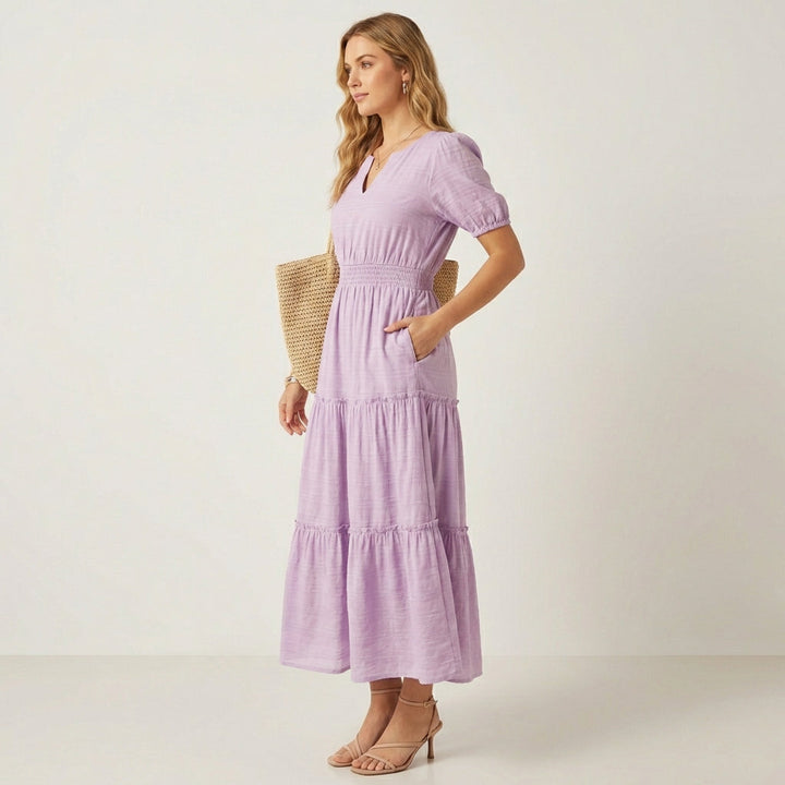 Maxi dress with smocked waist &amp; tiered ruffles | V-neck, butterfly sleeves &amp; pockets | Airy, figure-flattering